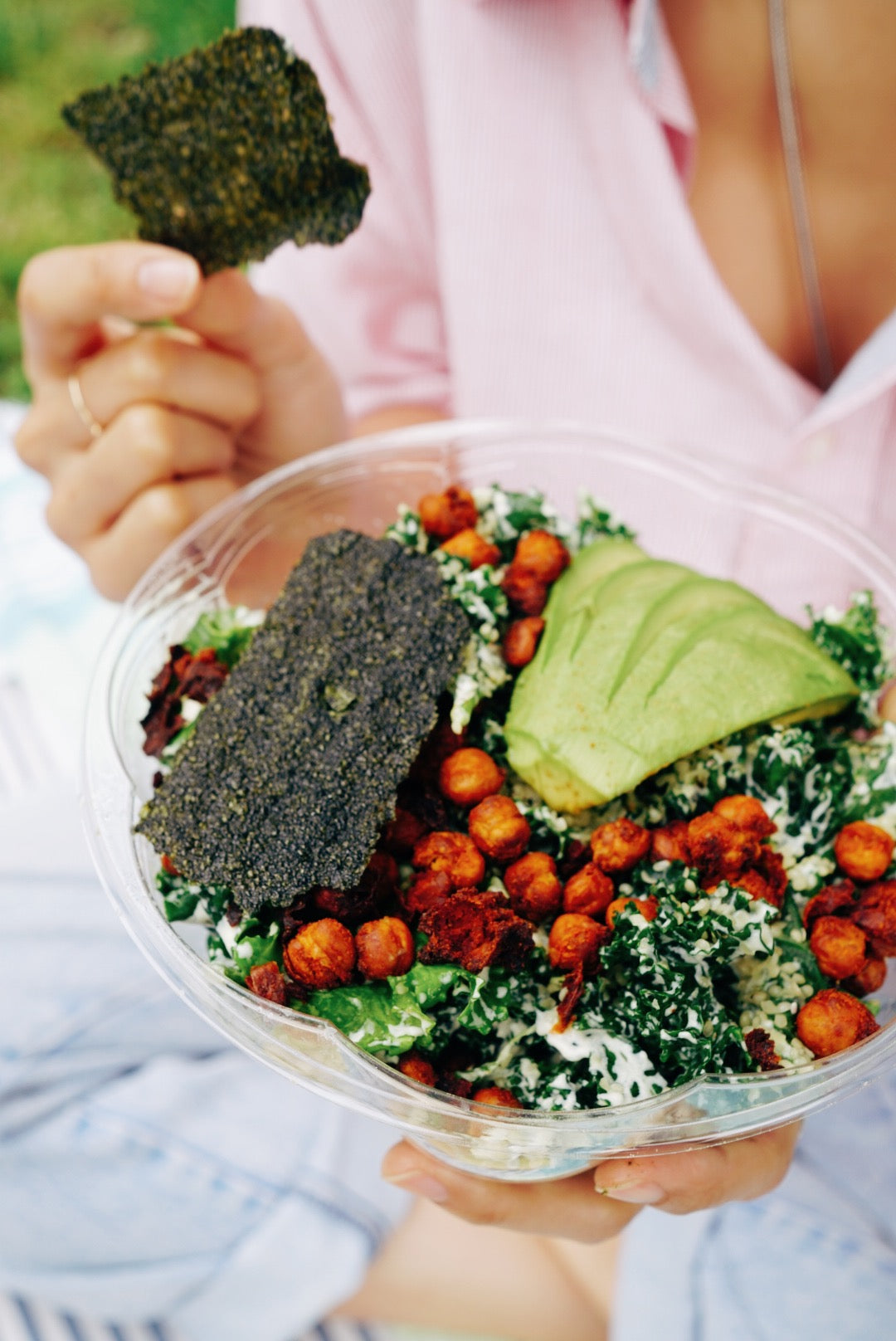 Nora Seaweed Snacks strips are shown being used in a healthy salad