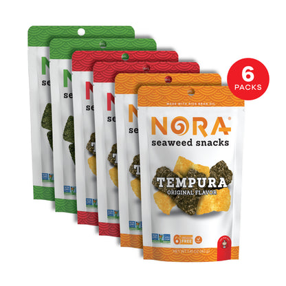 6 bags of Nora Snacks. 2 of each: Crispy Original, Tempura Original, Tempura Spicy