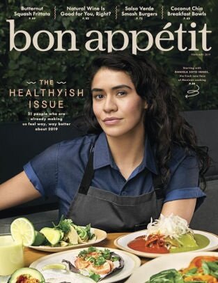 Bon Appetit magazine cover with a young woman and a set table with food