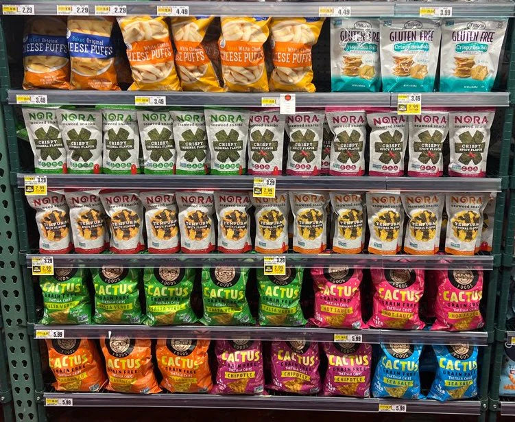 Nora Seaweed Snacks displayed on sore shelves 