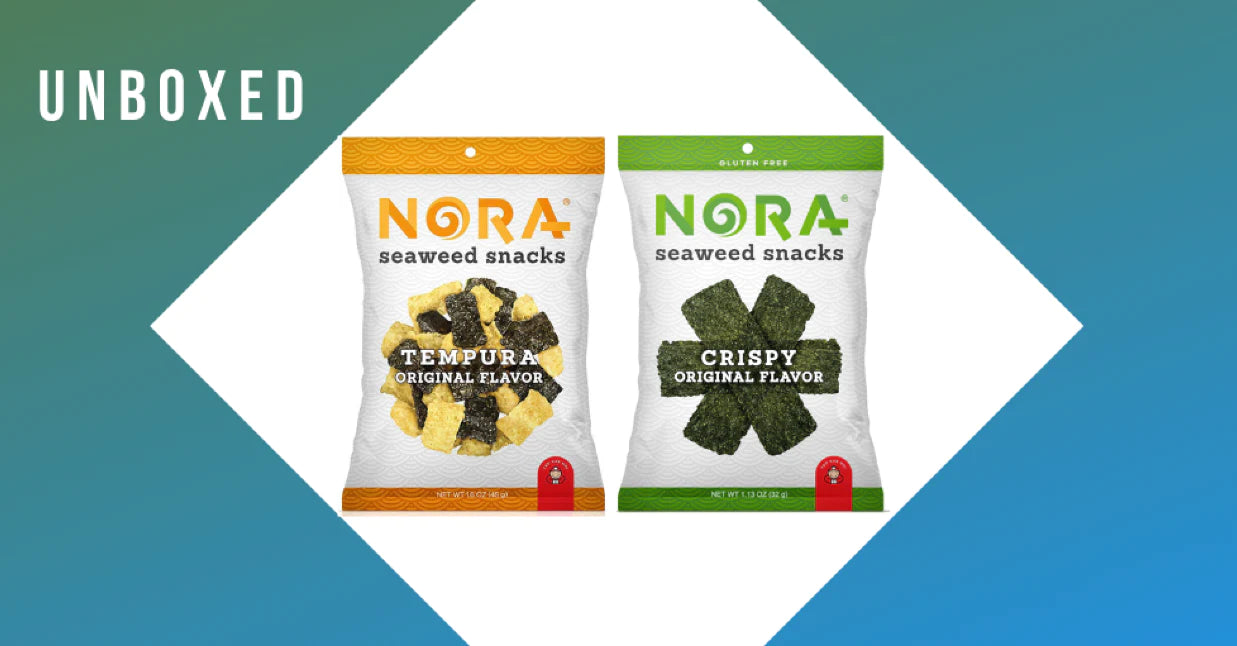 Two bags of Nora Seaweed Snacks displayed on a white diamond