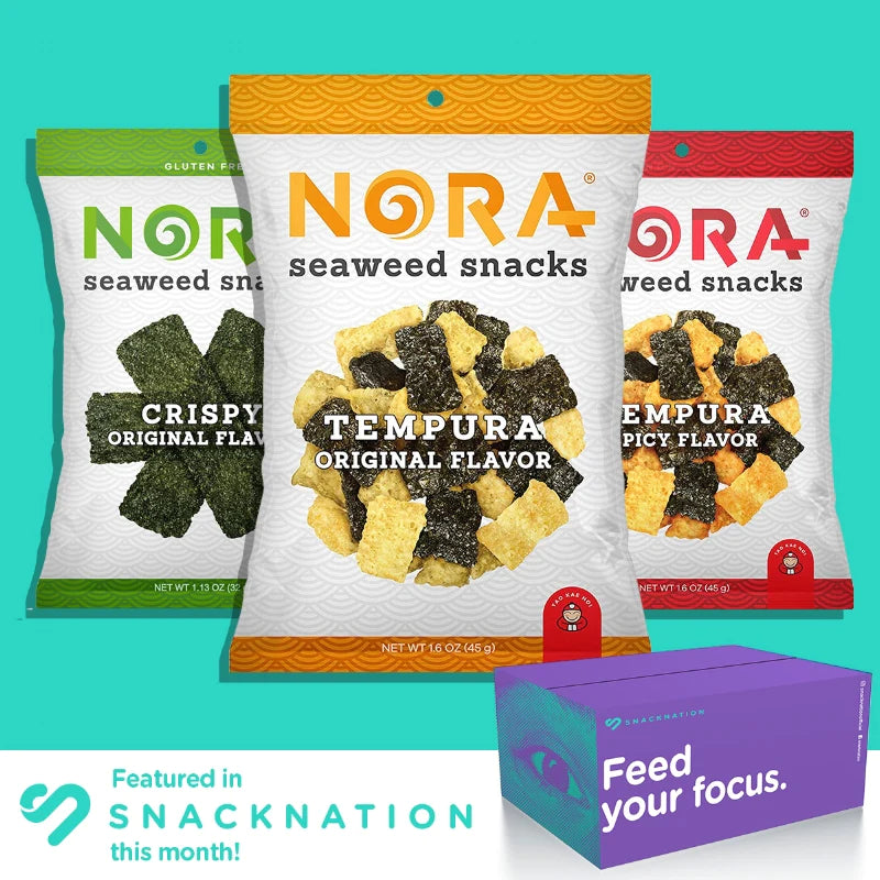 3 bags of Nora Seaweed Snacks featured  in Snacknation 